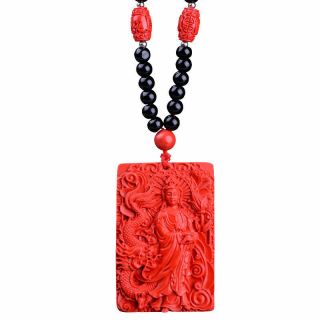 Chinese Natural Red Cinnabar Kwan Yin Dragon Lucky Pendant Beads Necklace