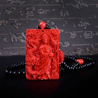 Chinese Natural Red Cinnabar Kwan Yin Dragon lucky Pendant Beads Necklace 2