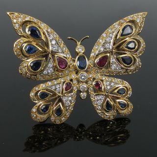 Vintage 3.  0ct Diamond 7.  50ct Ruby & Sapphire 18k Yellow Gold Butterfly Brooch