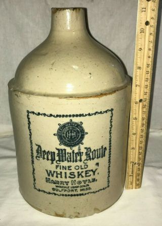 Antique Deep Water Route Whiskey Gulfport Mississippi Ms Stoneware Jug Liquor