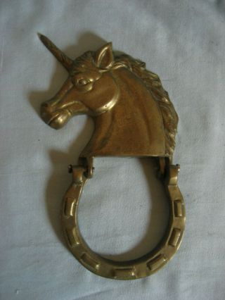 Vintage Unusual Brass Unicorn Head Horseshoe Door Knocker