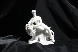 Una And The Lion White Bisque Porcelain Miniature Sculpture Nude Woman On Lion