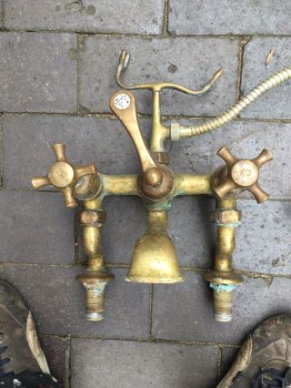 Vintage 1930s Brass Bath Taps With Hand Shower In Need Of Restoration