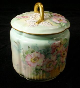 Antique Porcelain Floral & Gilt Biscuit Jar Signed M Fischer