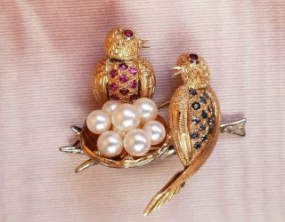 Gorgeous Vintage 14k Gold Brooch Pin Birds In Nest Pearls,  Sapphires,  Rubies