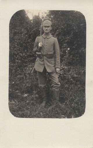 Wwi Rppc Photo German Soldier In Spiked Helmet W Rifle & Boots Woods 23