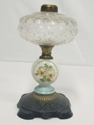 Antique Victorian Oil Kerosene Lamp Cast Iron,  Brass & Glass W/ Painted Pansies