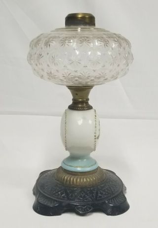 Antique Victorian Oil Kerosene Lamp Cast Iron,  Brass & Glass W/ Painted Pansies 2