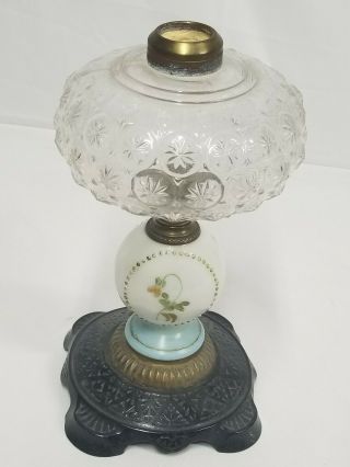 Antique Victorian Oil Kerosene Lamp Cast Iron,  Brass & Glass W/ Painted Pansies 3