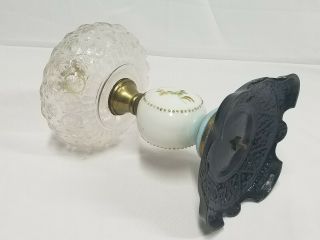 Antique Victorian Oil Kerosene Lamp Cast Iron,  Brass & Glass W/ Painted Pansies 4