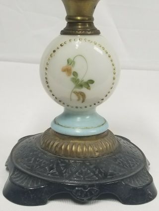 Antique Victorian Oil Kerosene Lamp Cast Iron,  Brass & Glass W/ Painted Pansies 6