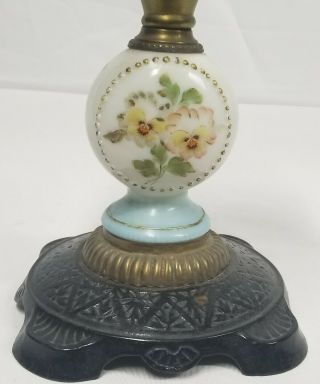 Antique Victorian Oil Kerosene Lamp Cast Iron,  Brass & Glass W/ Painted Pansies 7