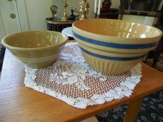 2 Antique Yellow Ware Stoneware Mixing Bowl W/ Blue & White Bands: