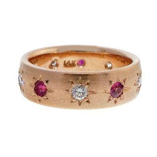 Vintage 1940 14k Pink Gold Wedding Star Set Ruby Diamond Band Ring