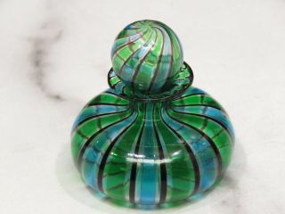 Older Murano Blue Green Glass Striped Swirled Perfume Scent Bottle & Stopper