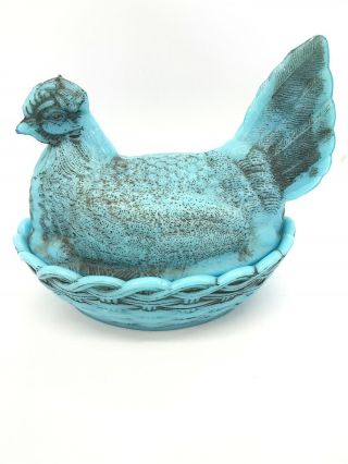 Antique Hen On A Nest Central Glass Company Blue Milks Glass Hand Painted 1860’s
