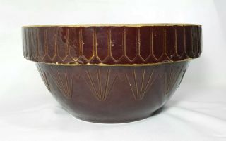 Vintage Large Brown Glazed 12 " Yellowware Mixing Bowl Stoneware Picket Fence Usa
