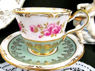 Aynsley Tea Cup And Saucer Pink Roses Sage Green Teacup Pattern England