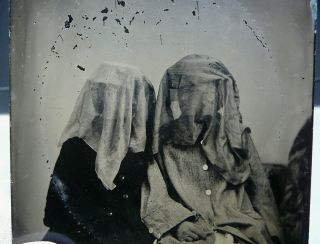 Mourning Women Antique Tintype Photo Covered Head Veiled Hidden Face Vintage 5