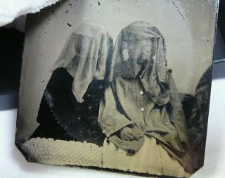 Mourning Women Antique Tintype Photo Covered Head Veiled Hidden Face Vintage 7