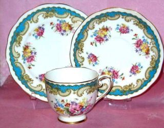 Roslyn Turquoise Floral Spray Footed Bone China Tea Cup And Saucer Plate Trio