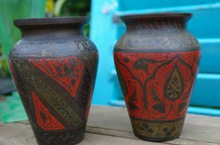 Antique Indo Persian Bronze Urn Vases Engraved Cloisonne Indian Art C.  1900s Chic