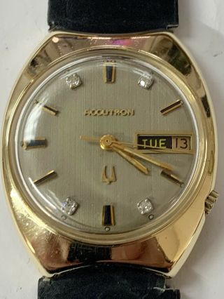 1970 Bulova Accutron 2182 In 14k Solid Gold Case & 4 Diamonds