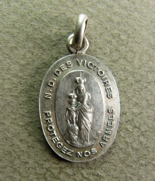 French Antique Religious Silver Medal Pendant Virgin Mary Nd Victories Wwi Army