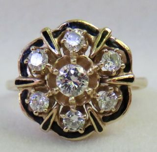 Vintage.  50 Carat Brilliant Cut Diamond & Enamel 14k Gold Flower Cluster Ring