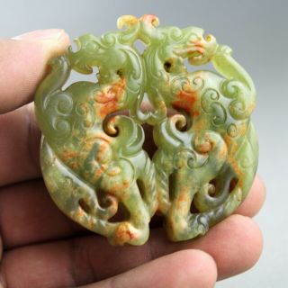 2.  4  China Old Green Jade Chinese Hand - Carved Double Dragons Pendant 0230
