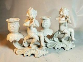 Pair German Putti Cherub White Porcelain Figurines Candle Holders By Alka