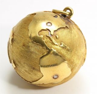 Vintage LARGE 14k Yellow Gold Diamond Globe Earth Pendant HEAVY 20g 2