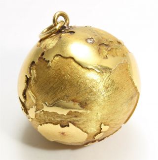 Vintage LARGE 14k Yellow Gold Diamond Globe Earth Pendant HEAVY 20g 3