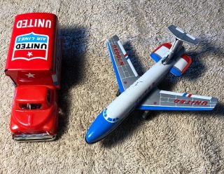 Vintage United Airlines Tin Friction Toy Set Plane & Truck Made In Japan
