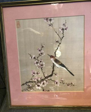 Vintage Framed Chinese Silk Painting.  Bird On Tree With Blossom.  Shabby Chic 2