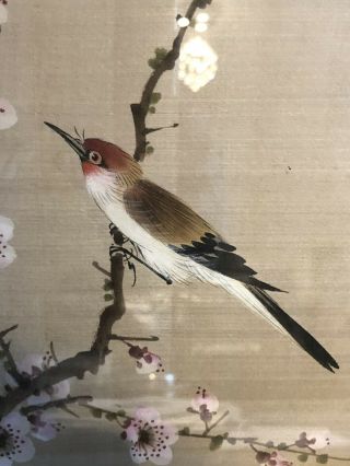 Vintage Framed Chinese Silk Painting.  Bird On Tree With Blossom.  Shabby Chic 4