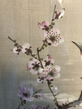 Vintage Framed Chinese Silk Painting.  Bird On Tree With Blossom.  Shabby Chic 5