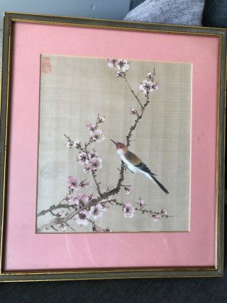 Vintage Framed Chinese Silk Painting.  Bird On Tree With Blossom.  Shabby Chic 6