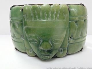 Vintage Ultra - Wide Green Jade Sterling Silver Mayan Carved Segment Bangle Masks