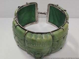 Vintage Ultra - Wide Green Jade Sterling Silver Mayan Carved Segment Bangle Masks 2