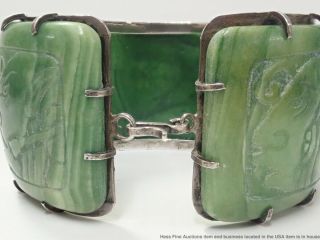 Vintage Ultra - Wide Green Jade Sterling Silver Mayan Carved Segment Bangle Masks 5