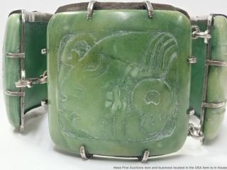 Vintage Ultra - Wide Green Jade Sterling Silver Mayan Carved Segment Bangle Masks 6