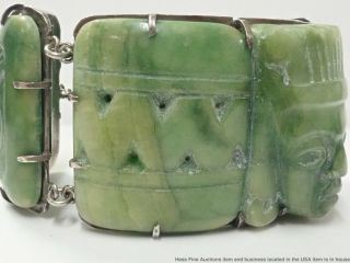 Vintage Ultra - Wide Green Jade Sterling Silver Mayan Carved Segment Bangle Masks 7