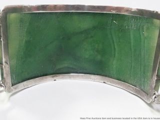 Vintage Ultra - Wide Green Jade Sterling Silver Mayan Carved Segment Bangle Masks 8