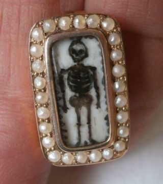 Weird Georgian Memento Mori Mourning Skeleton In 9ct Gold & Seed Pearl Brooch
