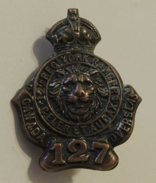 WW1 WW2 Canadian 127th CEF 12 York Rangers cap badge COLLAR BADGE 2
