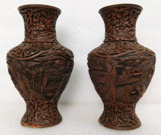 Antique Old Authentic Chinese Rosewood Deep Relief Carved Vase Pair Ancient