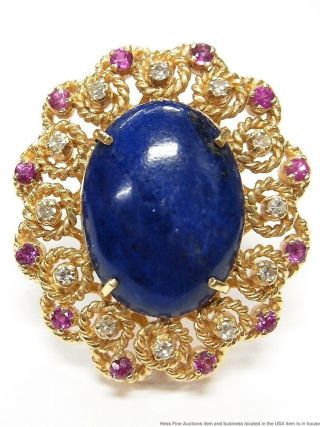 Massive Lapis Lazuli Natural Ruby Diamond 14k Gold 18.  3gr Convertible Pin Ring