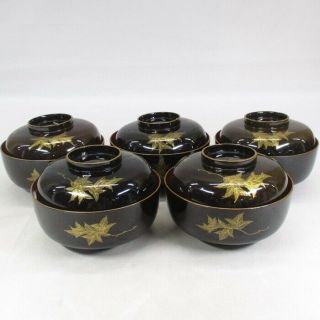 G102: Japanese Old Lacquer Ware 5 Covered Bowls With Leaf Makie