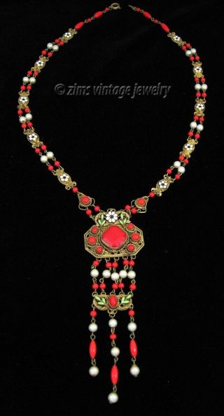 Art Deco Czech Brass Green Enamel Floral Red Glass Pearl Bead Fringe Necklace